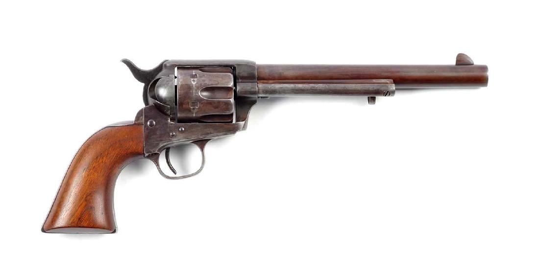 (A) U.S. Cavalry D.F.C. Colt Single Action Army.: This is a standard U.S. issue Colt Single Action Army manufactured in 1880. The D.F.C. David Clarke inspector stamp can be found on bottom of frame and side of cylinder. Matching numbers on frame, tri