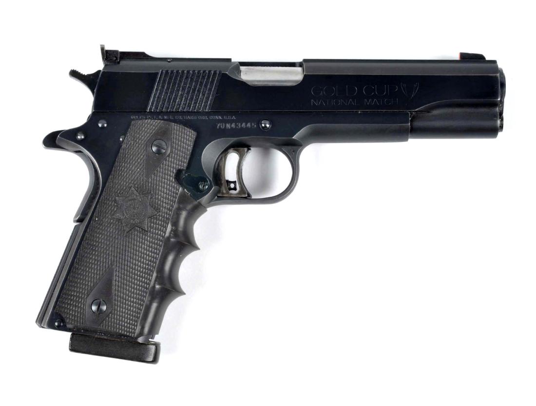 (M) Colt Series 70 Gold Cup National Match Pistol.: Manufactured in 1977-78. Standard factory issued Gold Cup National Match chambered for the .45 ACP cartridge, features a 5" barrel, blued finish, the Elliason fully adjustable rear sight, wide fat rib