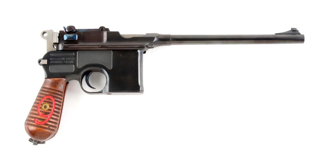 (C) Custom Mauser Broomhandle C-96 Semi-Automatic: The basis for this pistol is an original broomhandle Mauser frame and parts. Mauser stamp on bridge with imperial proofs. Features custom barrel with target front sight, now chambered for the 9mm cart