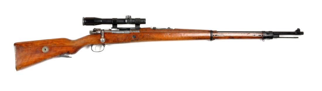 (C) Model 1908 Mauser Rifle With Scope.: Standard military Mauser Model 1908 chambered for the 8mm cartridge with a 29-1/2" barrel. Walnut stock is very good with no visible cracks. Drilled and tapped for Williams mount and a Schmidt & Bende