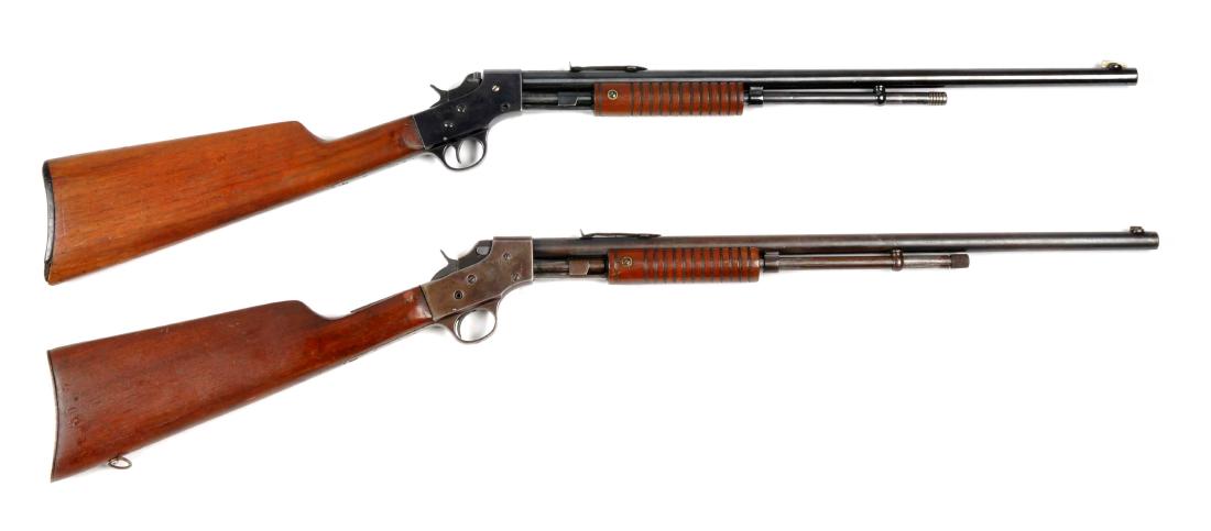(C) Lot Of 2: Stevens .22 Pump Action Rifles.: These rifles are known as the "Visible Loading Rifle". (A) Is completely reblued missing a screw from right front side of the receiver. Stocks have minor scratches and dings, black plastic has chips m