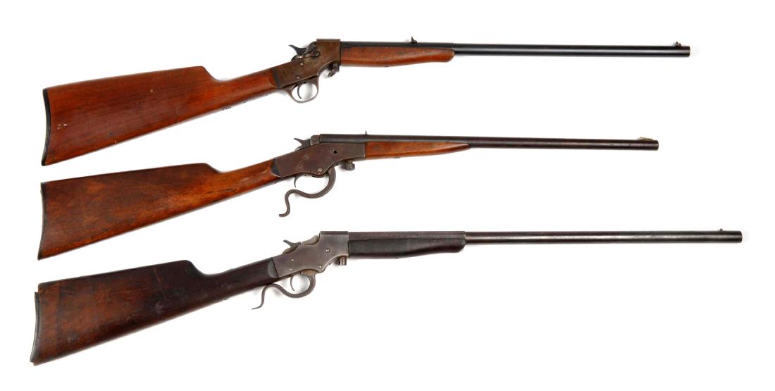 (C) Lot Of 3: Stevens Single Shot Boy's Rifles.: One rifle is missing frame screw. One rifle has a chip at buttstock and fore arm. This lot of three have been well used and would make a great gunsmithing project. Serial Number-89, 456, NSN; Manufact