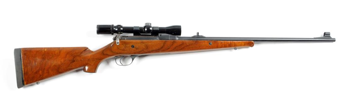 (C) Canadian Ross Straight Pull Bolt Action Custom: Utilizing the Model 1905 Ross rifle frame, the original barrel had sights added. All metal was refinished to a matte black finish. Custom pistol grip stock with Schnabel forend tip with no checkering 