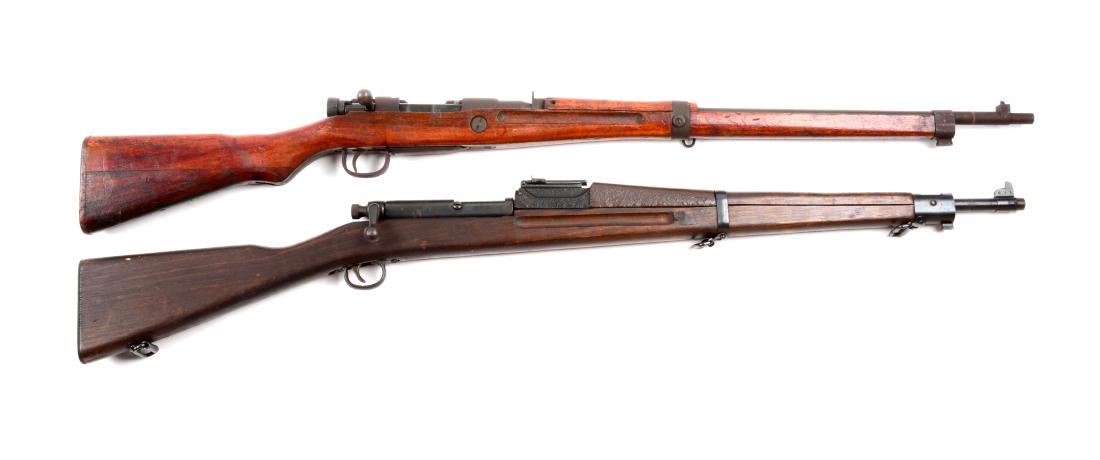 (C) Lot Of 2: Arisaka Type 99 & Springfield Parade: Gun (A) Standard so-called last ditch rifle. Features bolt action, Mauser release, hardwood stock, wood buttplate, sling swivels and matte military finish. Stock is very good to excellent with usual d