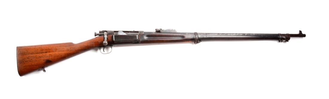 (C) U.S. Springfield Model 1898 Krag Bolt Action Rifle.: Offered is a standard U.S. issue Krag 1898 U.S. rifle. The Model 1902 rear sight and walnut stock. Has a bold "JSA 1899" cartouche. Walnut stock is very good to excellent with no cracks; missing the h