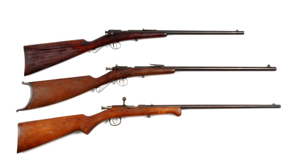 (C) Lot Of 3 Savage & Iver Johnson Bolt Action Rifle: (A) Savage Model 190 single shot bolt action. Home made rear sight. Action is fine, bore will need some attention. Barrel is a brown patina, stock has finish loss and normal handle dings. (B) Savage M