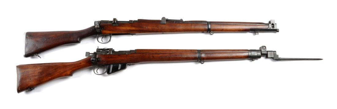 (C) Lot Of 2: British Enfield Bolt Action Rifles.: Both rifles have 25" barrels, blued finish, walnut stock, bolt action. The first rifle has "India" stamped on frame and is chambered for the 7.62mm cartridge. Stamped "RFI 1964". Has aluminum buttplat