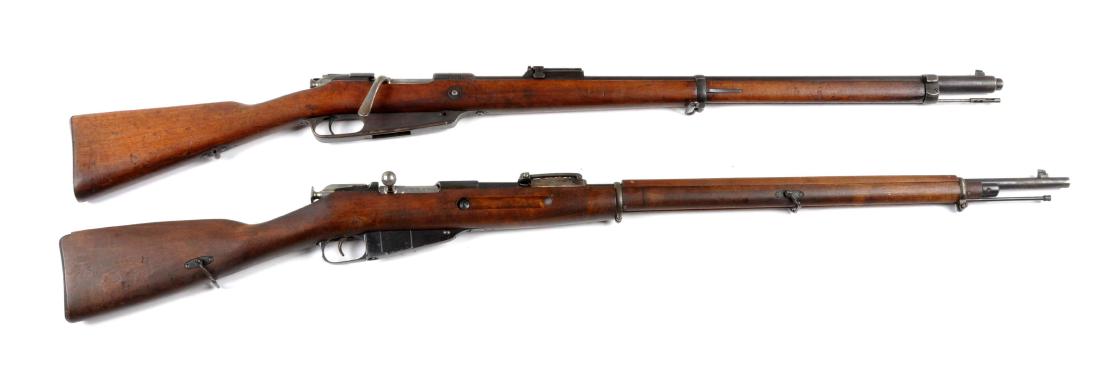 (C) Lot Of 2: Military Bolt Action Rifles: The first is an 1891 Mauser manufactured at Loewe, Berlin. It has the "S" stamp on breach, is an 8mm, and is the model Gew 88. Replaced butter knife bolt. Walnut stock. No hand guard. 30" barrel and b