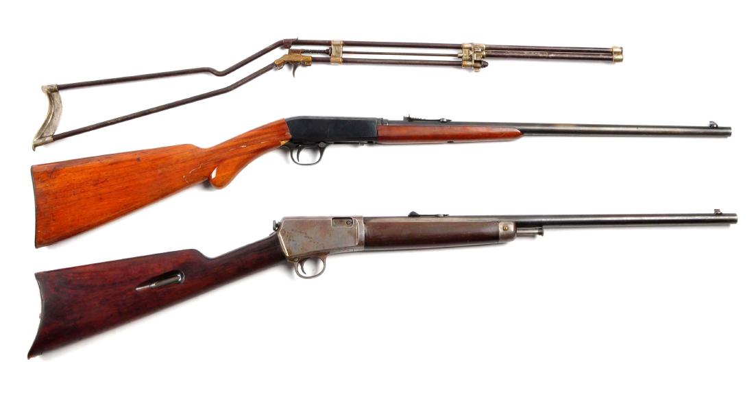(C) Lot of 3: .22 Caliber Rimfire Rifles.: (Gun A) Hamilton Rifle Co. skeleton rifle. Early all metal skeleton .22 caliber boys rifle. Metal is brown patina with chrome accents with a very unusual design but a poor bore. This gun is has been r