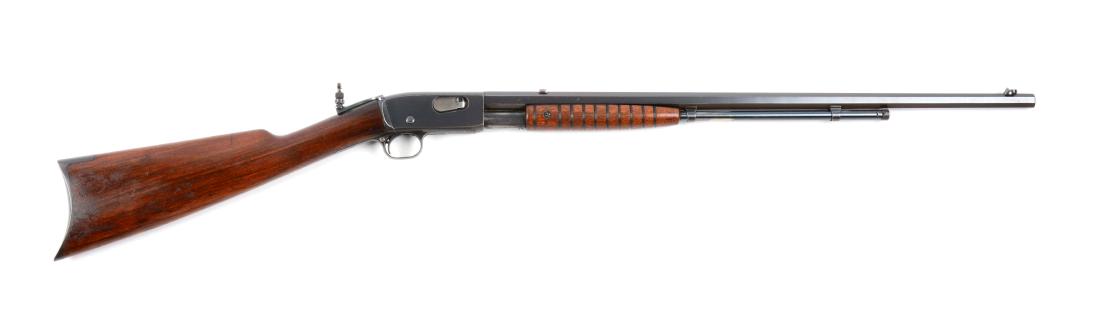 (C) High Condition Remington Pre-War Model 12-C Slide: These rifles were manufactured 1909 to 1936, the most desirable of which are the full octagon barrels. This pre-war rifle features full octagon barrel, 2/3 magazine, blued finish, grooved walnut foren