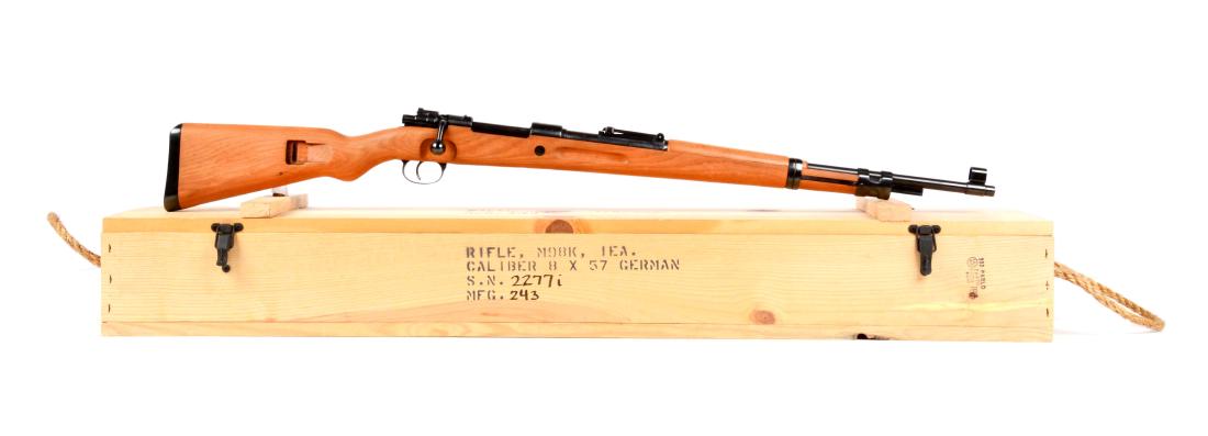 (C) Cased Nazi Marked Mauser Model 98 Bolt Action: Refurbished and crated by Mitchell's Mauser. This gun virtually retains all the reapplied restored finished as well as a new stock. Chambered is dated 1939. Marked "243" code. Matching numbers can be 