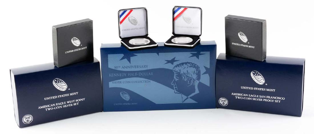 Lot Of 5: American Eagle & Commemorative Sets.: Includes: 2012 American Eagle two coin Proof Set; 2013 American Eagle West Point two coin Proof Set; 2014 50th Anniversary Kennedy Half Dollar four piece with Proof and Reverse Proof; 2013 Five Star G