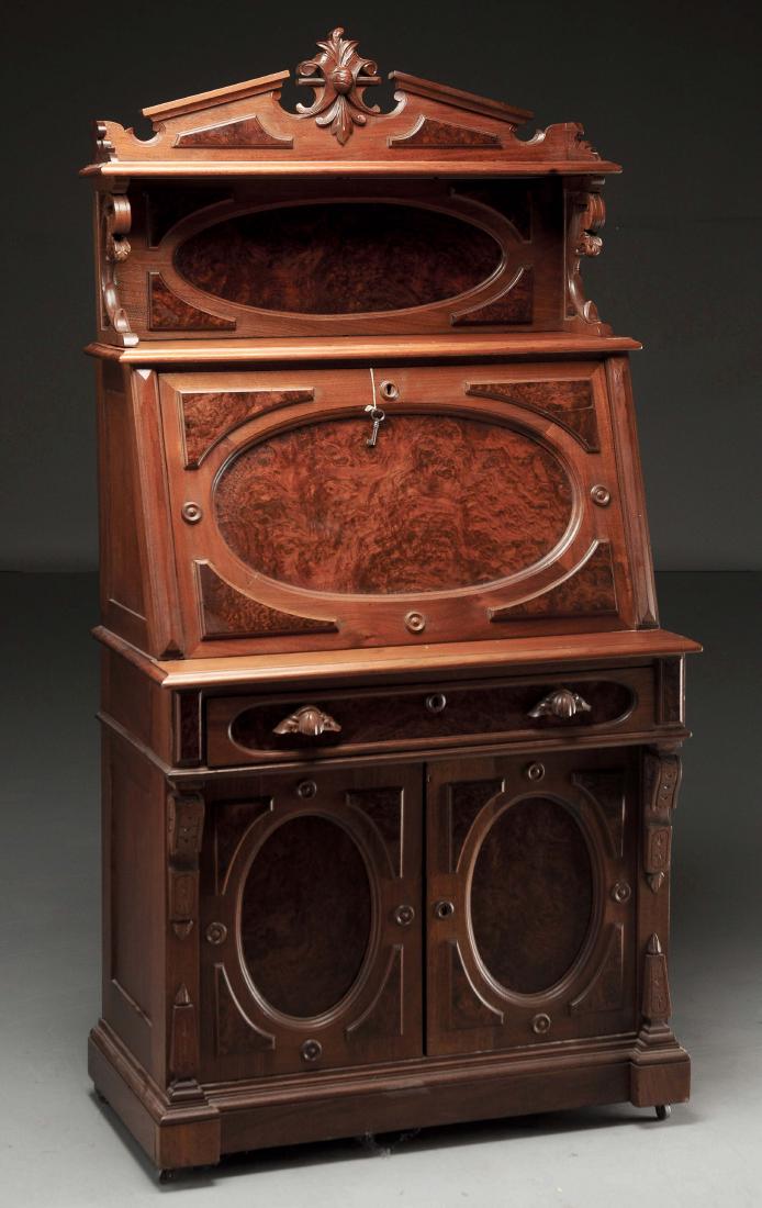 Five Panel Burl Walnut Lincoln Drop Front Desk. (1 of 5)