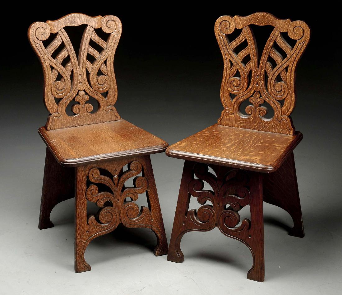 Pair of Carved Oak Chairs w/ Cutouts. (1 of 2)