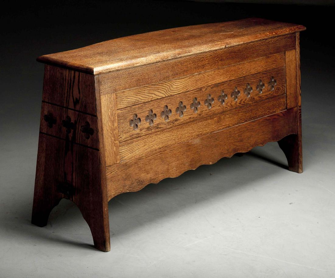 Quarter Sawn Oak Console Bench w/ Carved Clovers. (1 of 3)