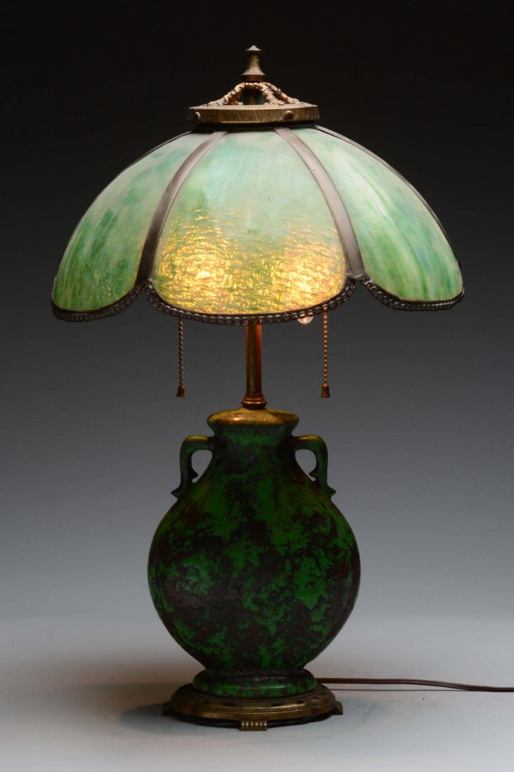 Weller Pottery Lamp with Green Glass Shade. (1 of 2)