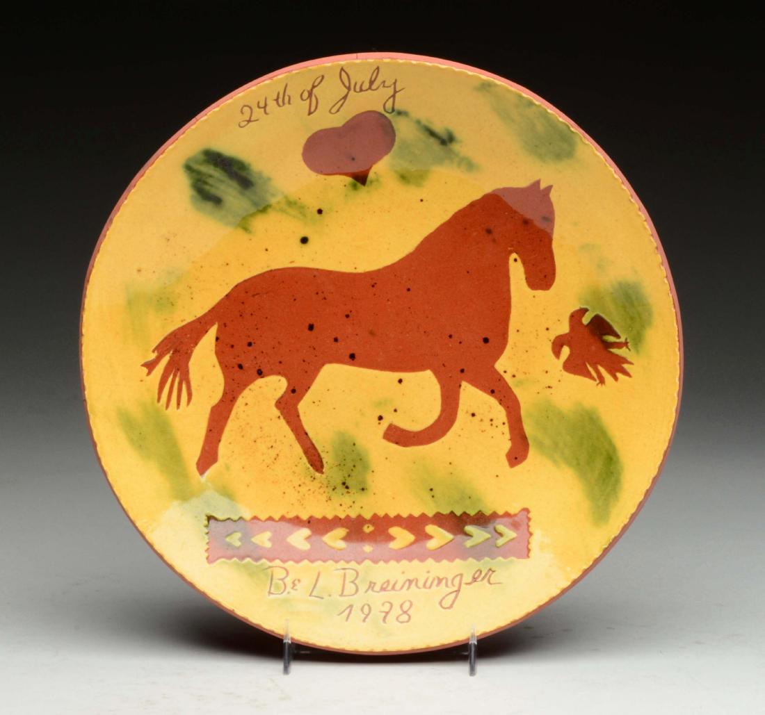 Breininger Redware Pottery Plate w/ Horse. (1 of 2)