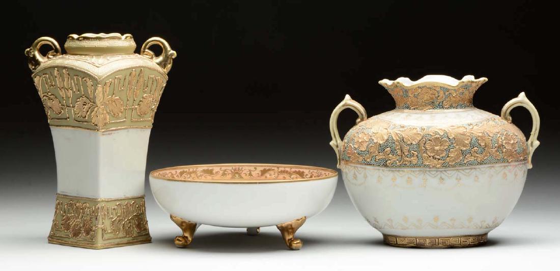 Lot Of 3: Decorative Vases and Bowl With Gold Trim. (1 of 3)