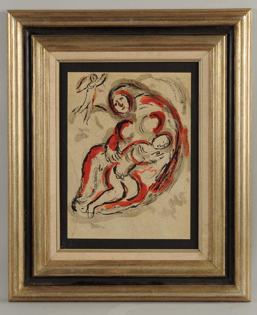 Marc Chagall Hagar in the Desert.: This lot consists of an original lithograph in color, executed in 1960 by Marc Chagall, entitled "Hogar in the desert." Depicted in this image is a figure embracing another small figure with an angel 