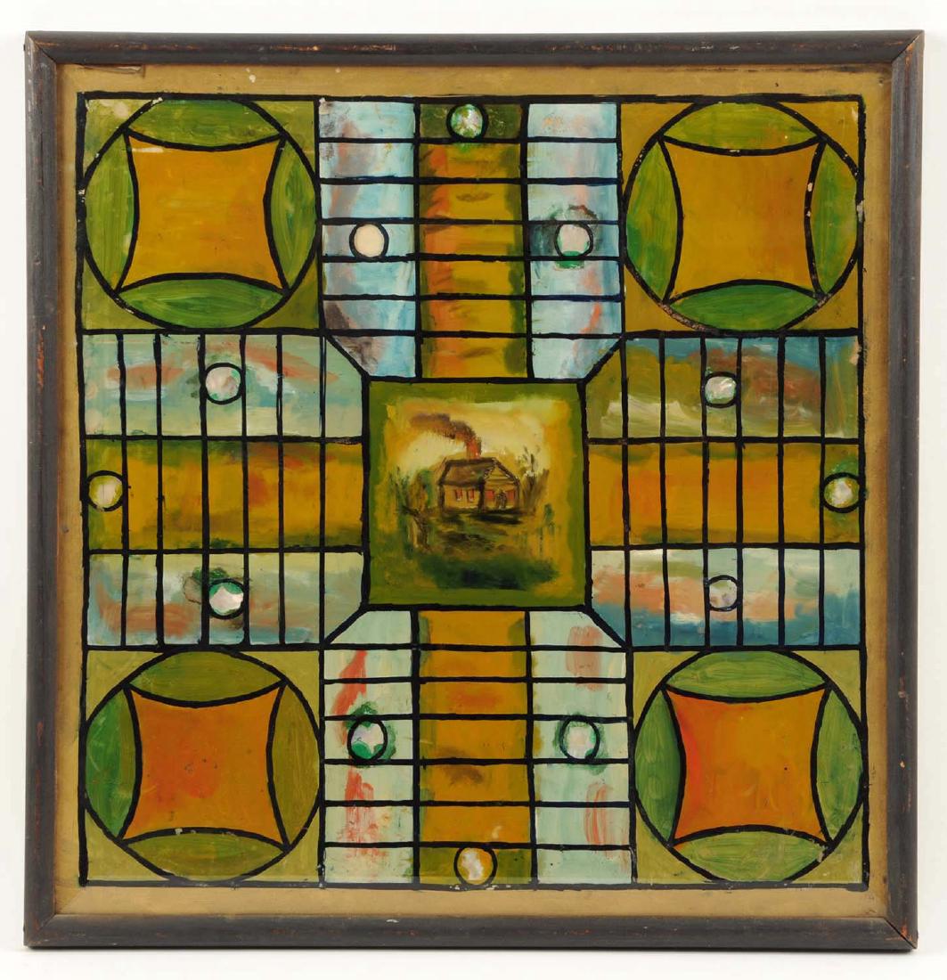 Framed Reverse on Glass Parcheesi Game Board. (1 of 3)