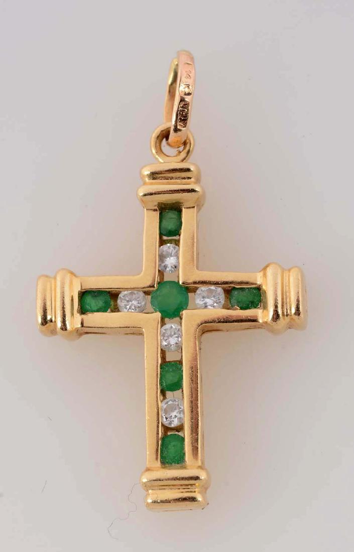 14K Yellow Gold Cross Pendant w/ Diamonds & Emeralds. (1 of 2)