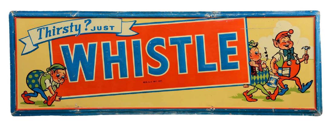 Whistle Soda Self Framed Tin Advertising Sign.: Sign is dated 1948. It has moderate fading and paint loss with scrapes to the edges. The field has nice colors with some scuffing to the embossed areas as well as a few prominent scrapes. (Good - Very