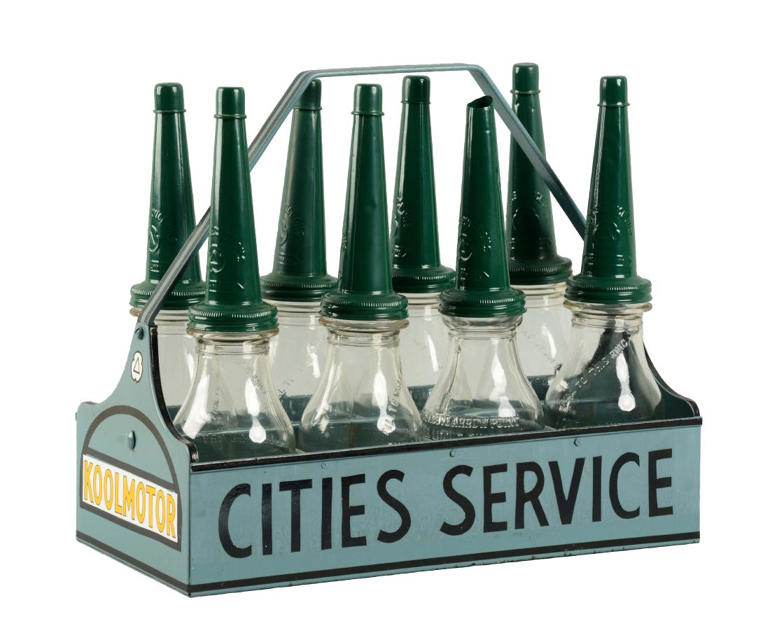 Cities Service Motor Oil Bottle Rack w/ Bottles. (1 of 4)