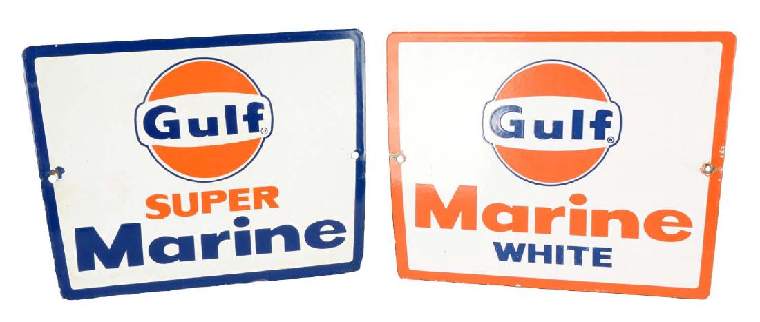 Lot Of 2: Gulf Super Marine And Marine White Signs.: SSP signs. Both signs have excellent gloss and color. The Marine White sign has a small touched up chip in the field. (8.5 & 9). 9" x 11".