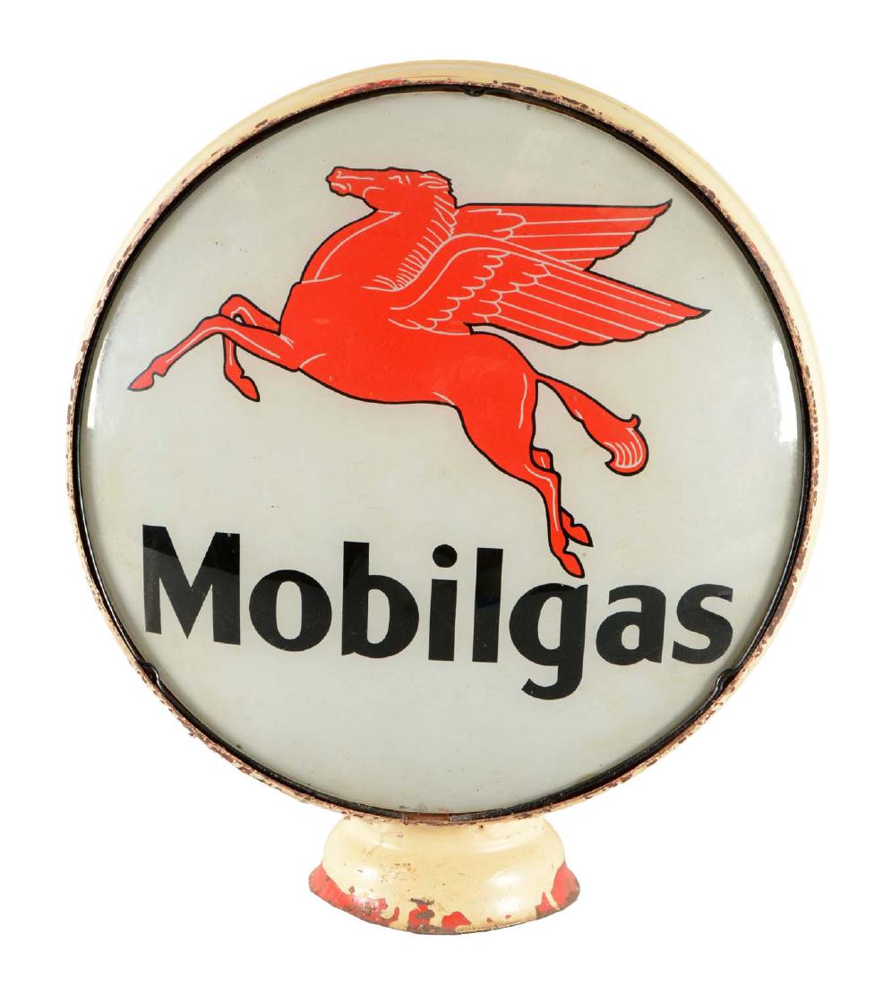 Mobilgas 15" Globe Lenses.: On an original globe body. A harder to find version of this globe. Both lenses are in nice condition with light edge wear and small scratches on the surface. Body is repainted. (8.5). 15" Dia.