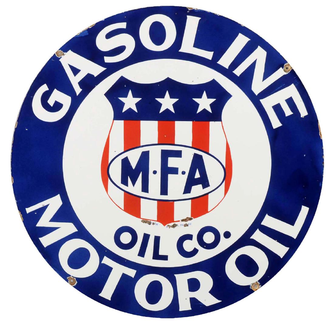 Repro MFA Gasoline Motor Oil With Logo Porcelain Sign.: This is a reproduction DSP sign. Excellent gloss and color. Display has small chips in the field, reverse has a few more with chips at the mounting holes. (8.75 & 8.25). 42" Dia.