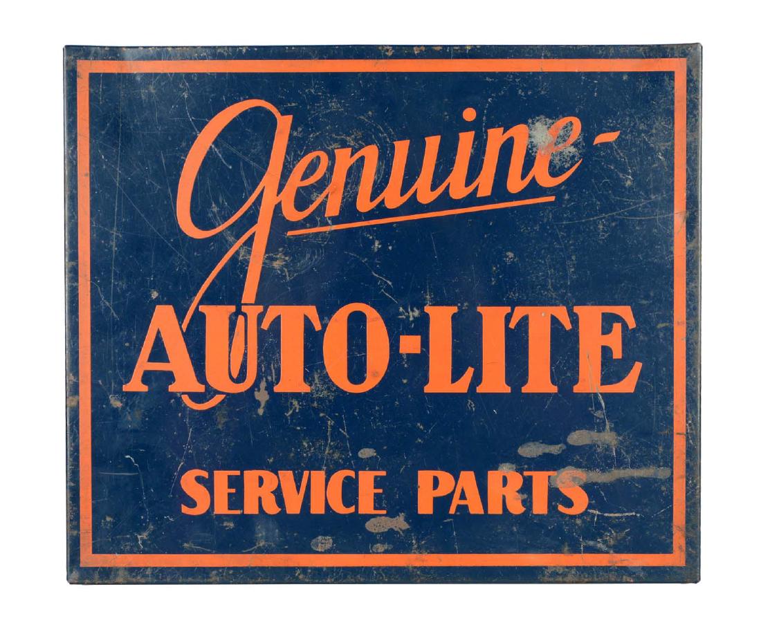 Genuine Auto Lite Service Parts Cabinet.: Tin. Face shows wear and scratches. Opens up to individual compartments. Makes a nice counter top display. (8). 11-1/2" x 13-1/2" x 1-1/2".