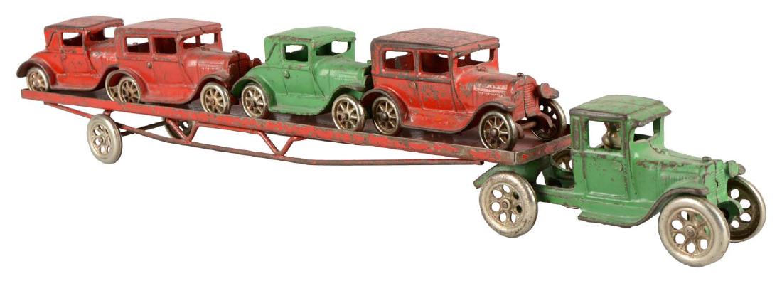 Arcade Ford Model-T Truck & Car Trailer With Four Cars. (1 of 16)