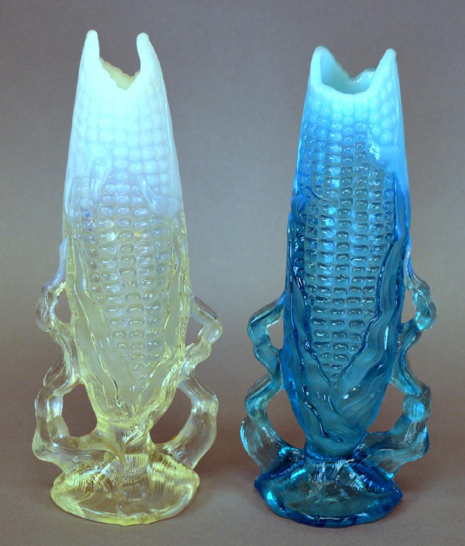 2 Northwood Opalescent Corn vases: 2 Northwood Opalescent Corn vases (blue and white)