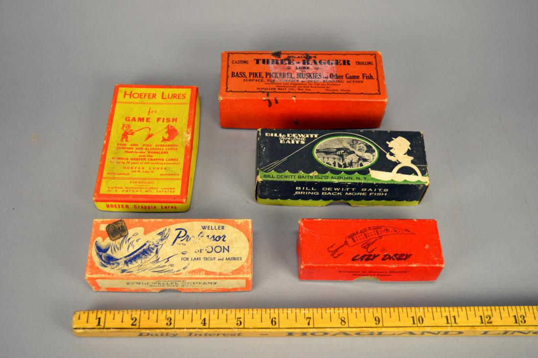 Lazy Dazy, Hoefer, Professor Spoon empty boxes: Lazy Dazy, Hoefer Lures, Professor Spoon, three bagger and Bill Dewitt