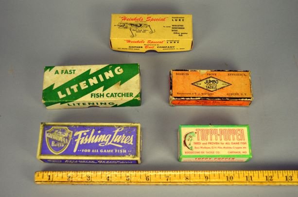 Jumbo, Keinkels, Litening empty boxes: Jumbo Fishing tackle, Heinkels special, Litening fish catcher, toppy popper, Guardian Brand