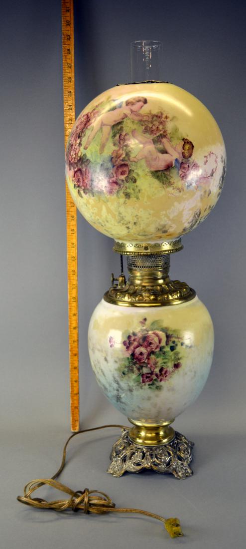 Victorian "Gone with the Wind" Oil Lamp with Cherubs: Electrified