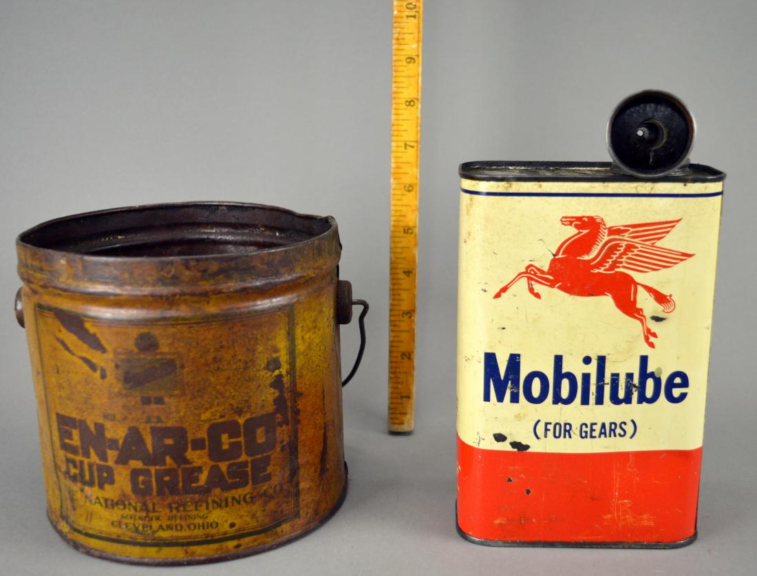 Two Vintage Cans: Mobilube & En-Ar-Co Cup Grease: One can missing lid; rust, dents and surface wear