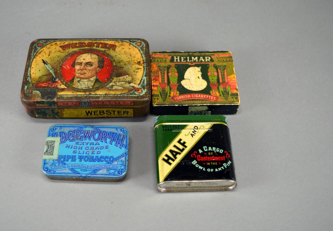 Three Antique Tobacco Tins & a Box: Helmar Turkish Cigarettes, Edgeworth Pipe Tobacco, Half and Half, & Webster