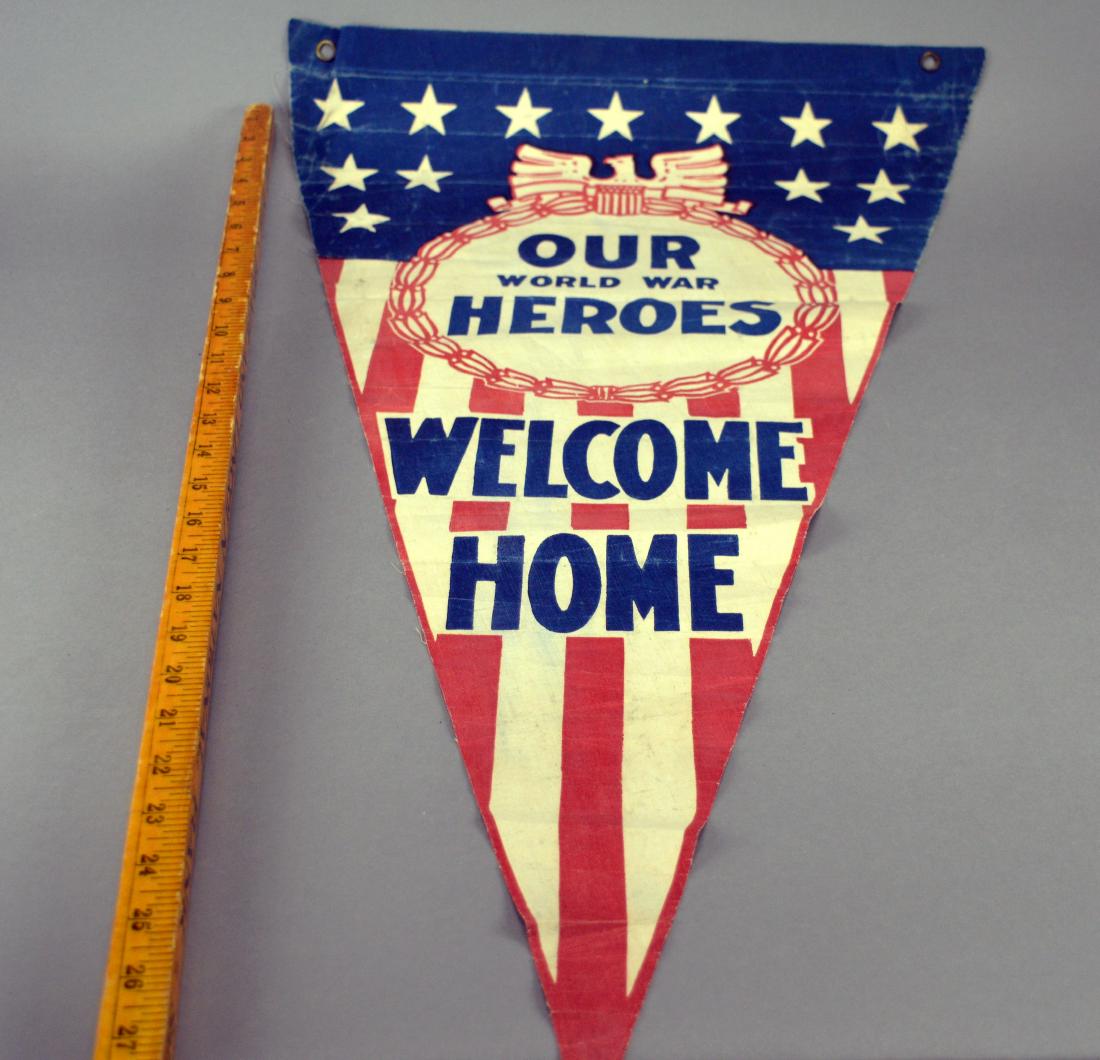 WWI "Our World War Heroes" canvas pennant: Minor creases and wear