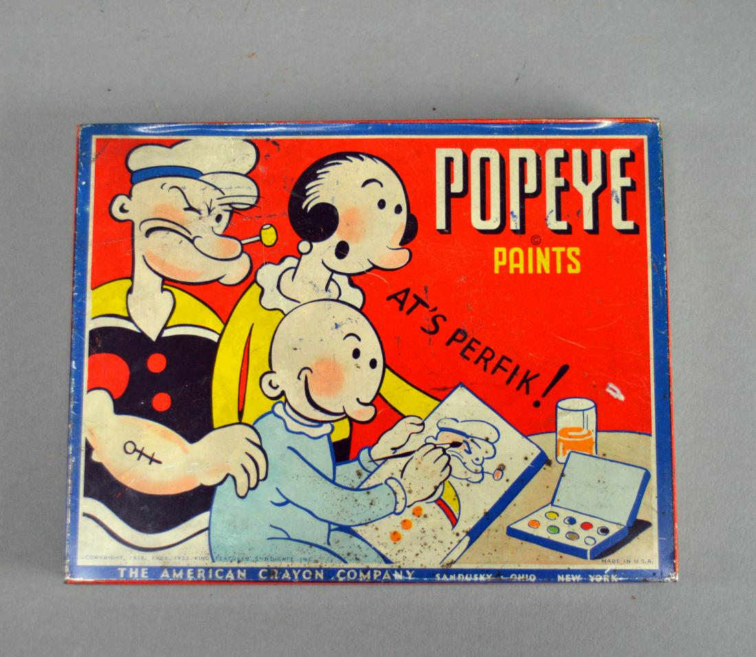 Vintage Popeye Paints tin: Wear and writing on side