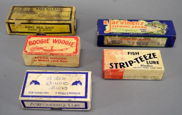 Five empty bait & lure boxes Boogey Woogey: Including Boogey Woogey, King Bee Bait, Strip Teeze, and Assorted