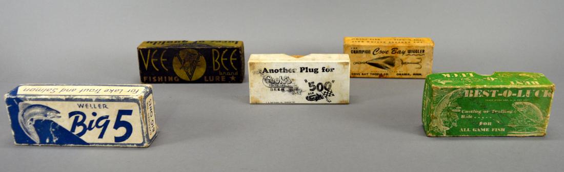 Five empty bait & lure boxes Weller, Vee Bee: Including Weller, Vee Bee, Cook's, Cove Bay, & Best-o-Luck