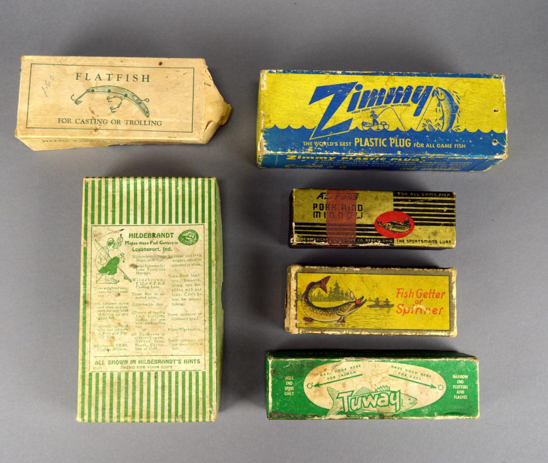 Five empty bait & lure boxes Hildebrandt: Including Hildebrandt, "The Ever-Ready," Tuway, & Zimmy