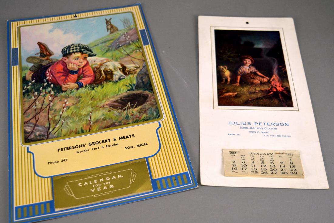 Two Peterson's Grocery advertising calendars: For 1921 and 1939; Soo, Michigan