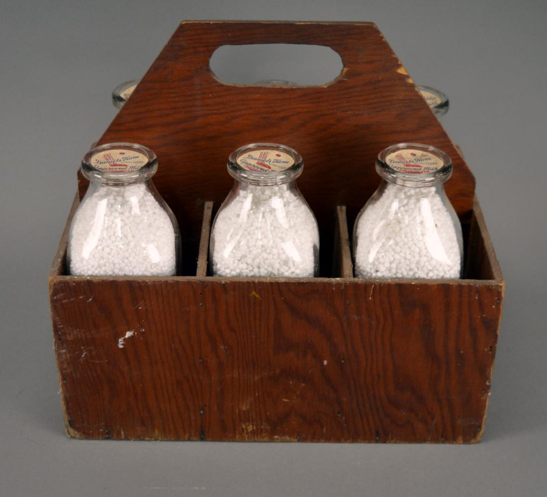 6 Vacation land dairy bottles and caddy: With bottle caps from Daniels farm, CT