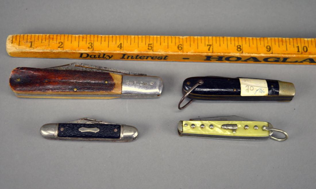 Four vintage pocket knives: Including Barlow, M. Klein & Sons, Ideal, & Camco. Rust and wear