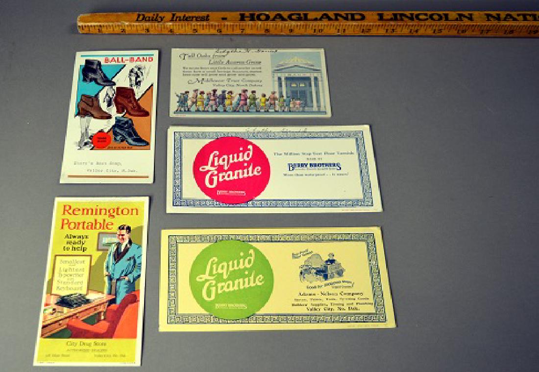 Five vintage Valley City, ND advertising ink blotters: Including Remington Portable - City Drug Store, Middlewest Trust Company, Ball-Band - Story's Boot Shop, Berry Brothers, and Adams-Nelson Company
