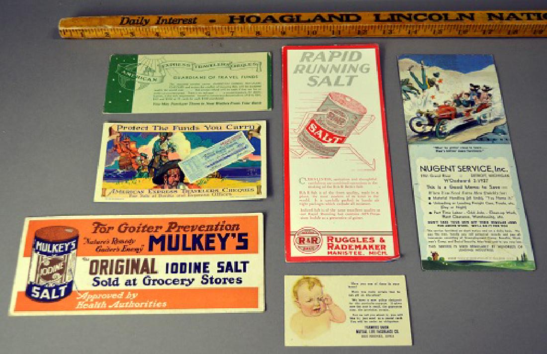Six vintage advertising ink blotters: Including Ruggles & Rademaker Rapid Running Salt (Manistee, MI), American Express Travelers Cheques, Mulkey's Iodine Salt, and Farmer Union Mutual Life Insurance (Des Moines, IA)