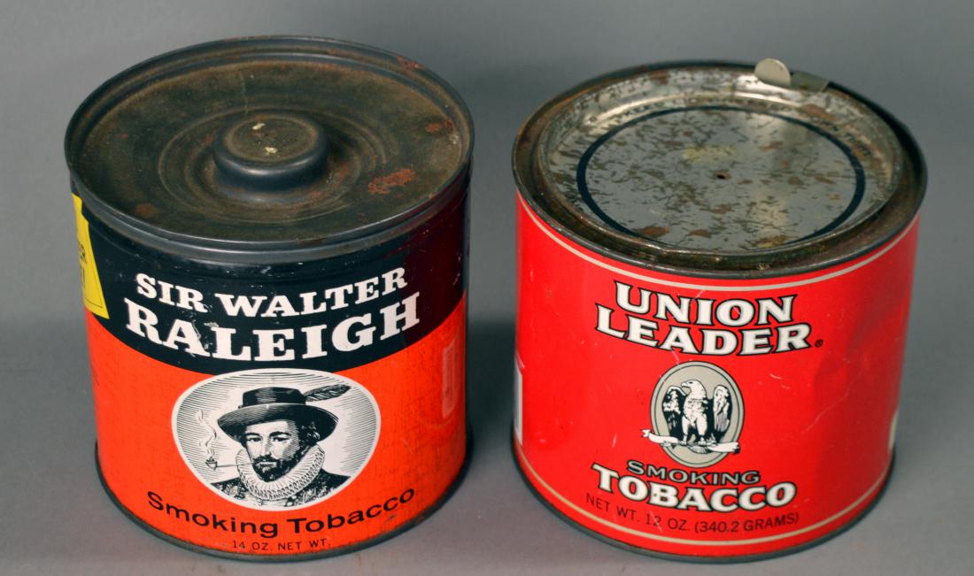Two vintage tobacco tins: Including Union Leader and Sir Walter Raleigh