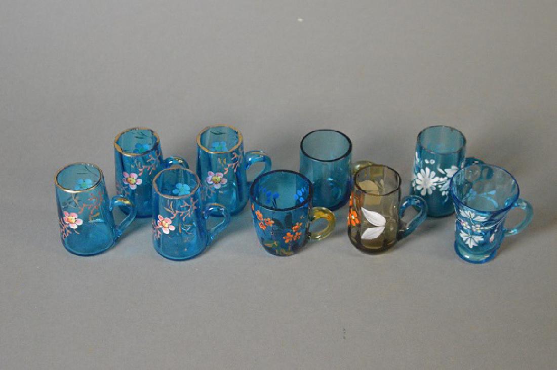 Eight Victorian enameled shot glasses: Plus an undecorated example. Bohemian.